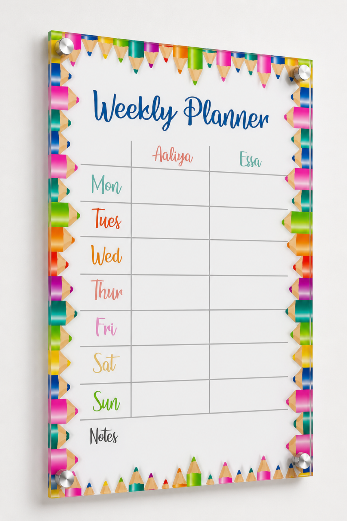 Acrylic Weekly Planner - Custom Names - Colourful - 50 x 30cm