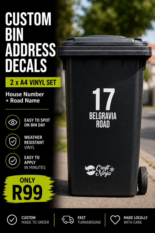 Custom Wheelie Bin Address Vinyl Decal – 2 x A4 Set