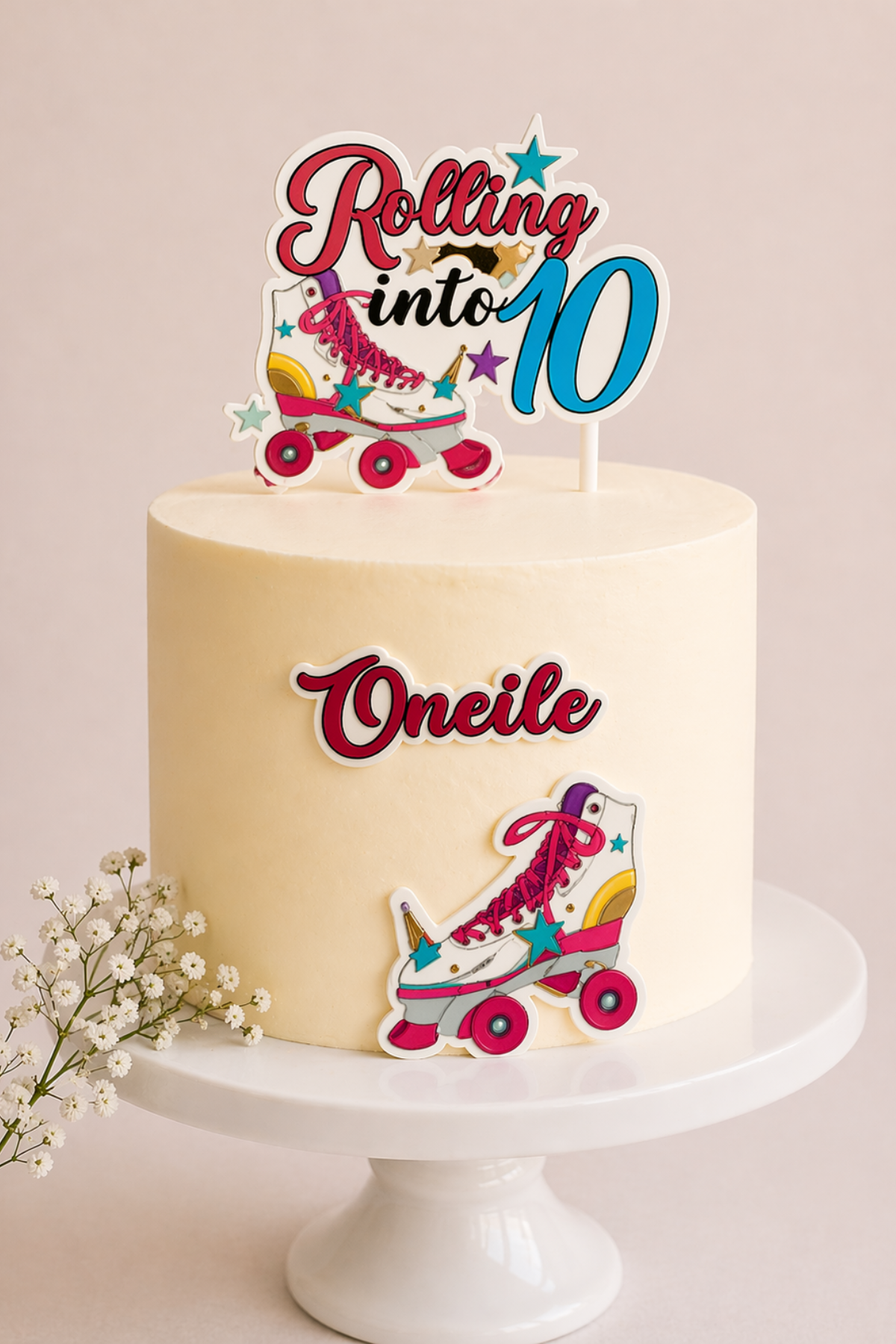 Custom Name and Number Acrylic UV Roller Skates Theme Cake Topper Set