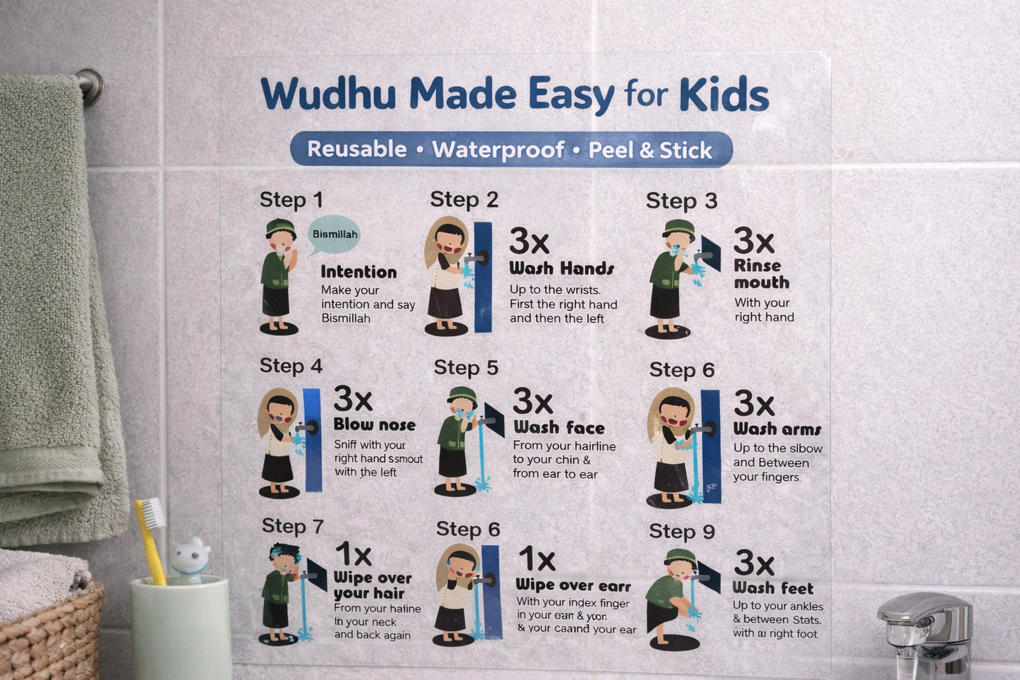 Reusable Wudu Step-by-Step Wall Sticker (Kids)
