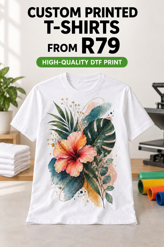 White custom DTF T-shirt with a high-quality A4 print, from R79